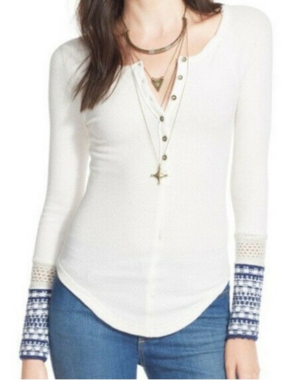 Free People Ivory Waffle Knit/Blue Cuff Henley